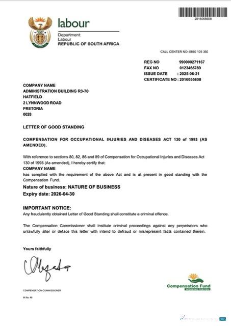 Download South Africa letter of good standing Word and PDF template Photoshop template